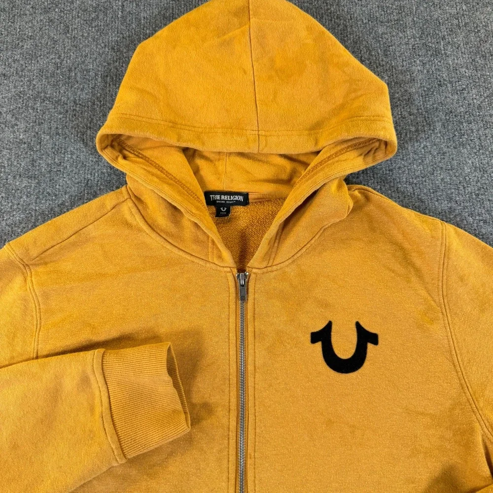 True Religion Mens Mustard Yellow Full Zip Horseshoe Graphic Hoodie Medium #3295
